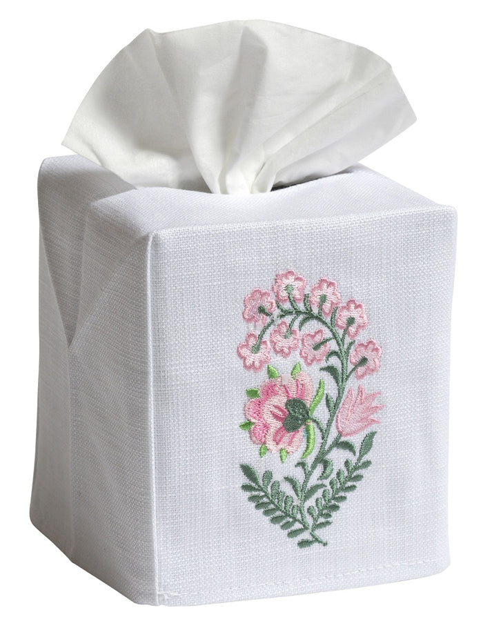 Tissue Box Cover - White Linen / Cotton, Embroidered