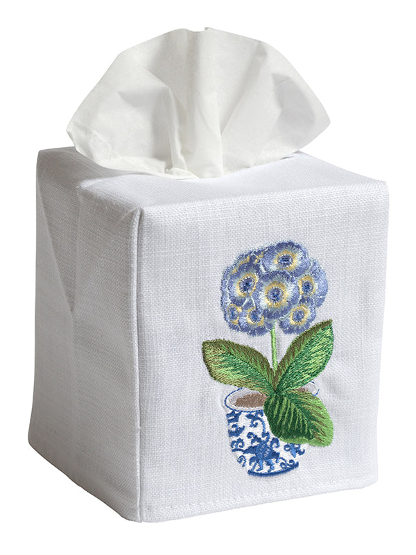 Tissue Box Cover - White Linen / Cotton, Embroidered