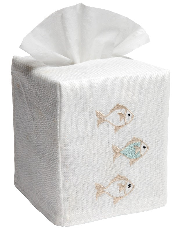 Tissue Box Cover - White Linen / Cotton, Embroidered