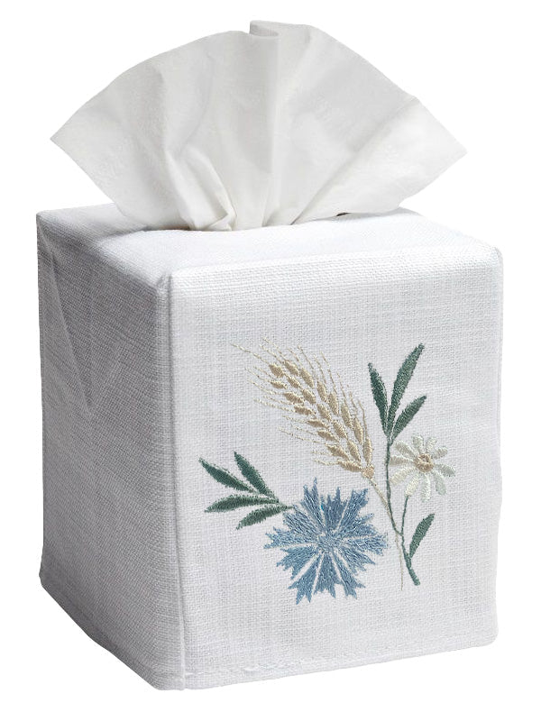Tissue Box Cover - White Linen / Cotton, Embroidered