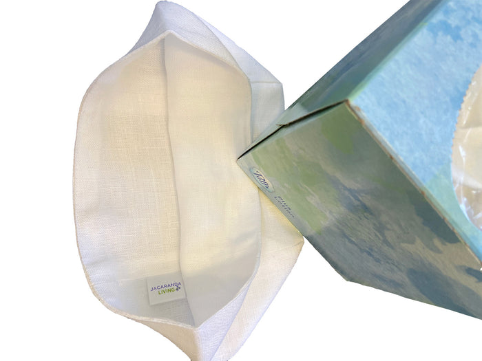 Tissue Box Cover - White Linen / Cotton, Square Opening, No Embroidery