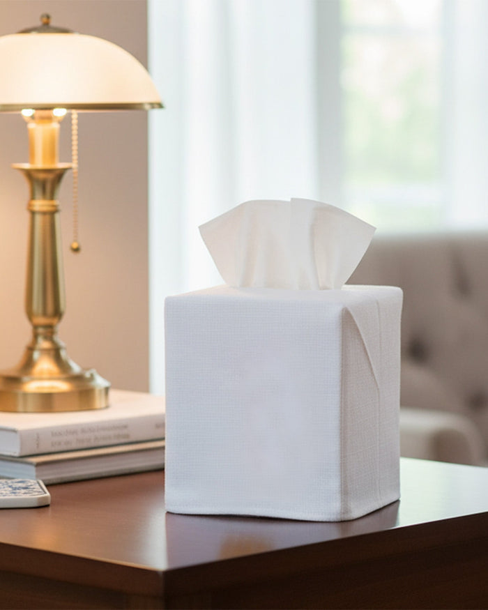 Tissue Box Cover - White Linen / Cotton, Square Opening, No Embroidery