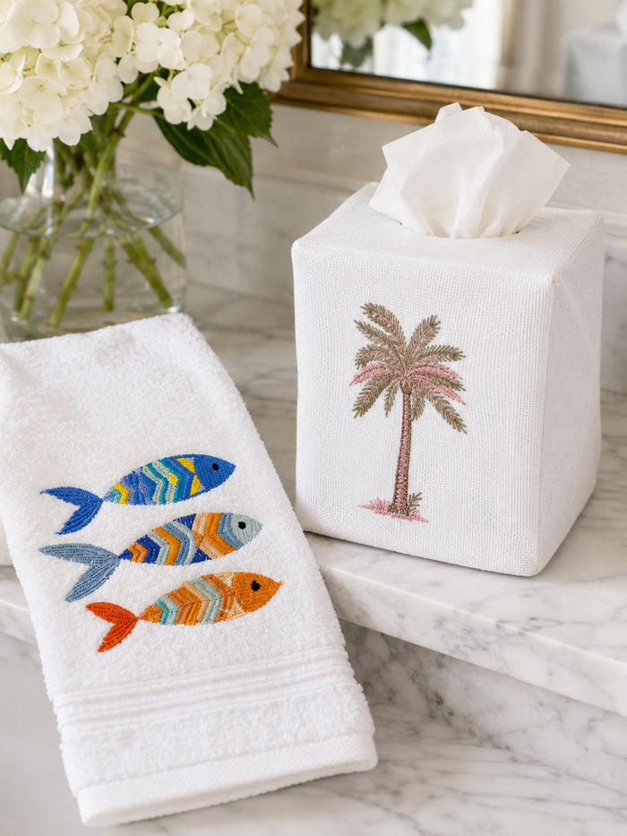 Tissue Box Cover, Embroidered Topiary