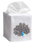 Tissue Box Cover, Feathered Peacock (Turquoise/Pewter)