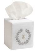 Tissue box cover with a bee wreath design on a white background
