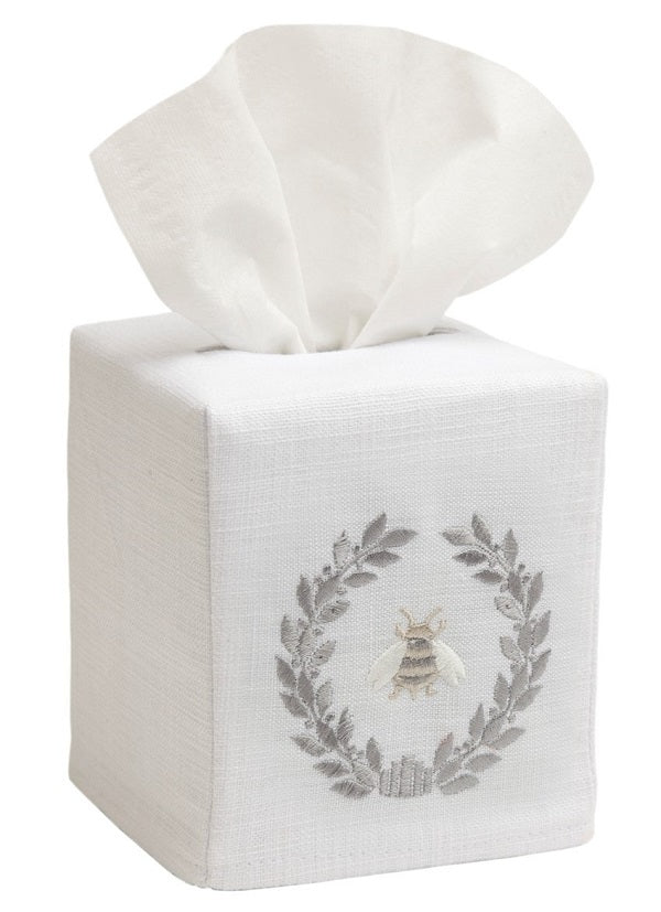 Tissue box cover with a bee wreath design on a white background