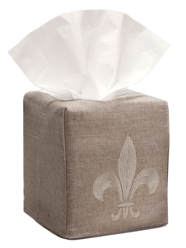 Tissue Box Cover, Natural Linen, Embroidered