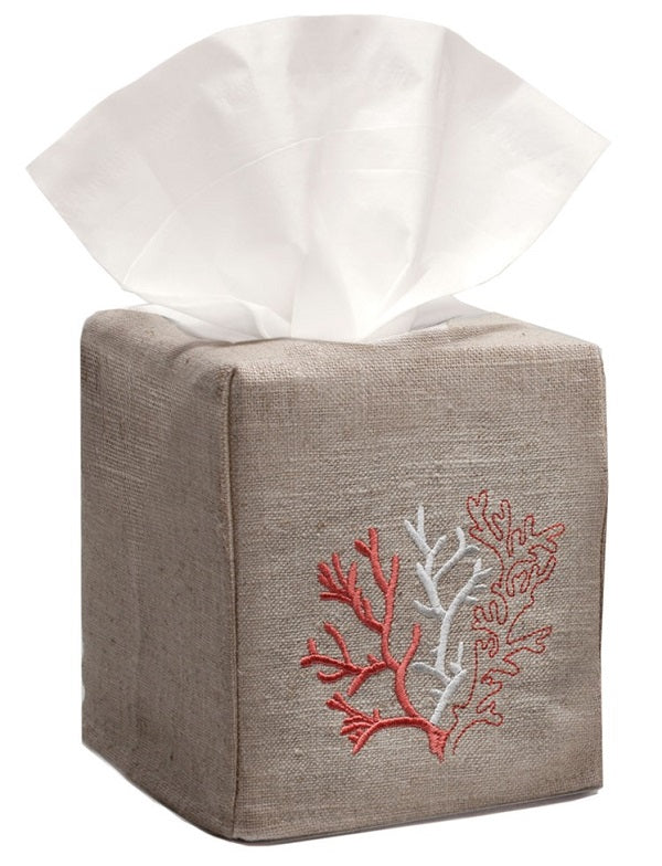 Tissue Box Cover, Natural Linen, Embroidered