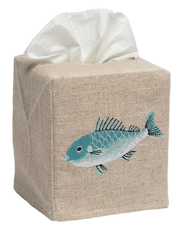 Tissue Box Cover, Natural Linen, Embroidered