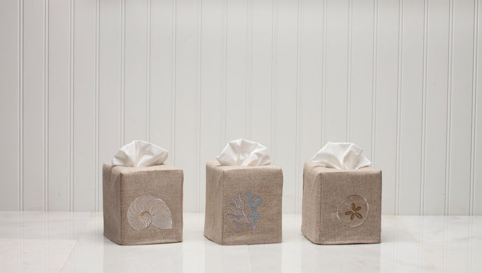 Tissue Box Cover, Natural Linen, Embroidered