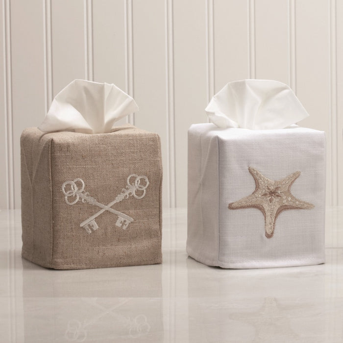 Tissue Box Cover, Natural Linen, Embroidered