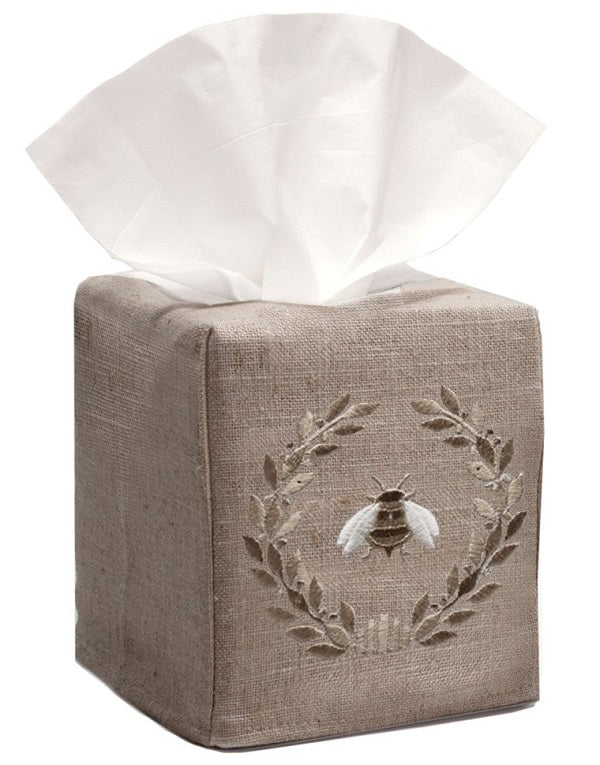 Tissue Box Cover, Natural Linen, Embroidered