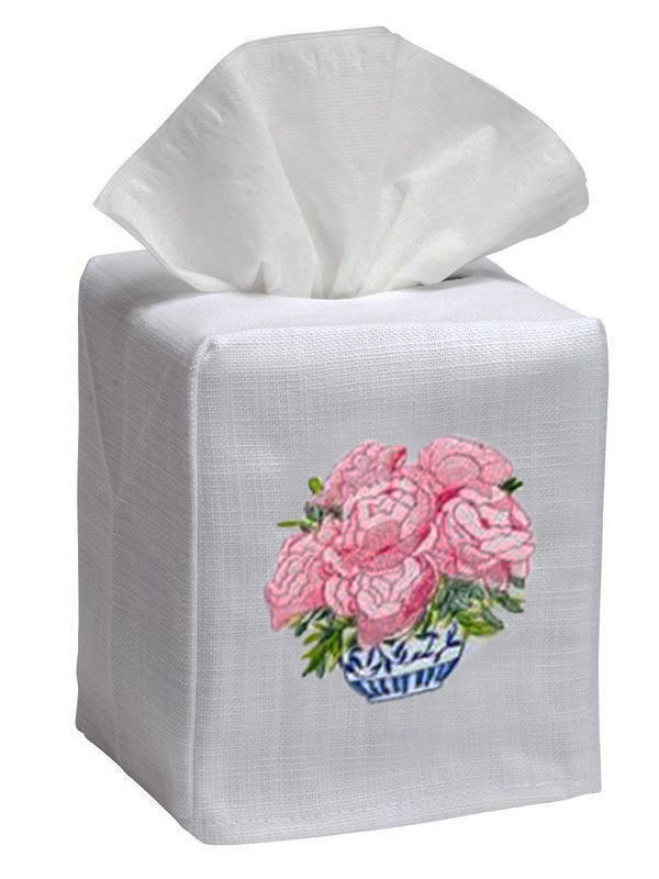Tissue box cover with floral design on a white background
