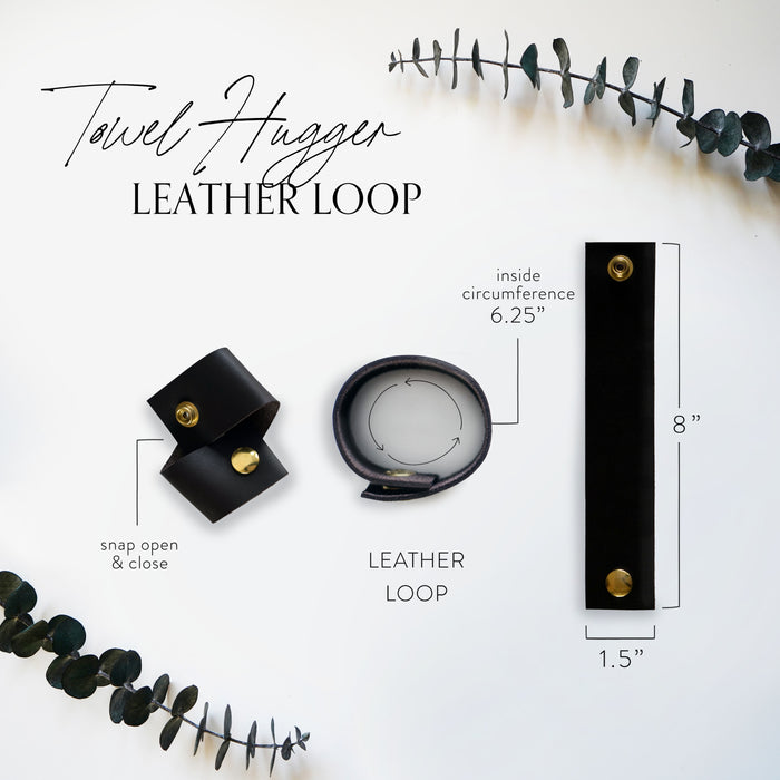 Keyaiira Wide Towel Hugger Leather Loop with brass hardware shown flat lay with size measurements — modern leather towel holder strap for kitchen and bathroom handles.