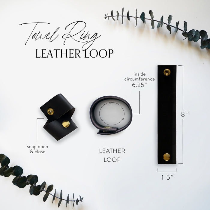 Keyaiira Towel Ring leather loop sizing details. Genuine leather strap with brass snap closure shown flat and rolled, labeled with measurements. Hand-finished sustainable design accent for bath or kitchen.