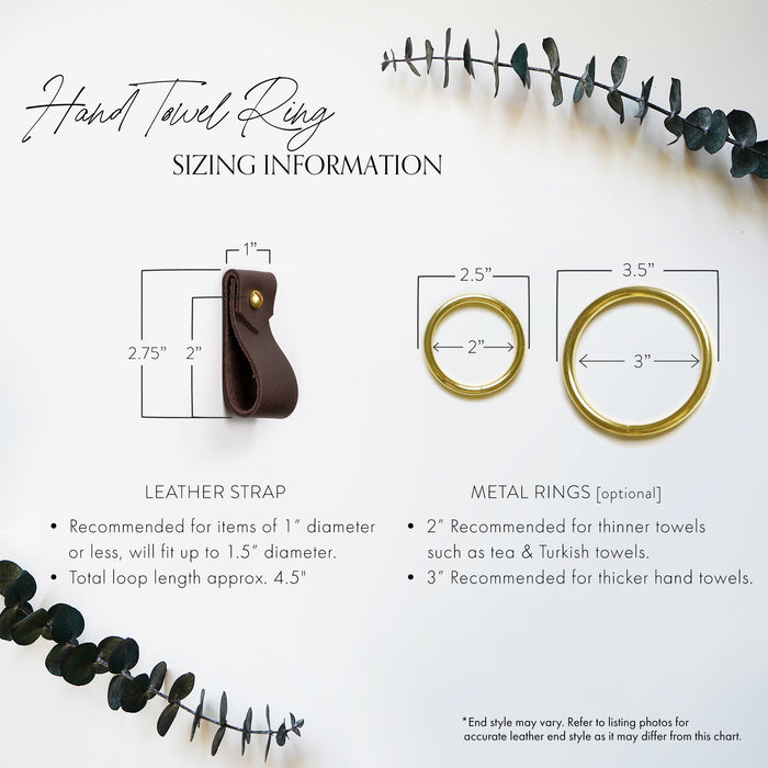 Keyaiira towel ring and toilet paper holder sizing guide showing finish options in black, brown, and natural leather. Visual sizing chart for modern handcrafted bathroom accessories.