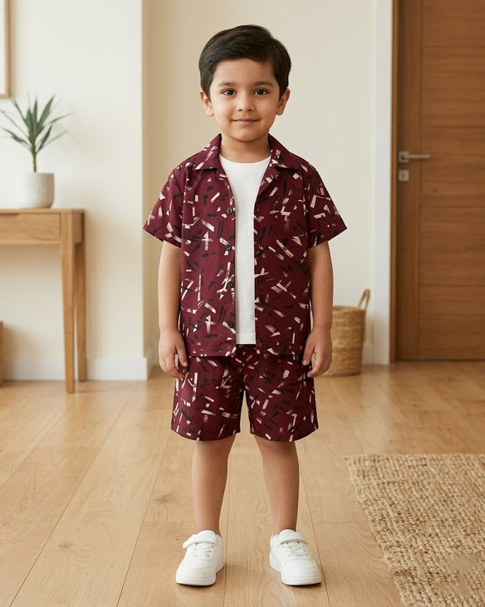 Trendy Maroon Printed Shirt & Shorts Set for Boys