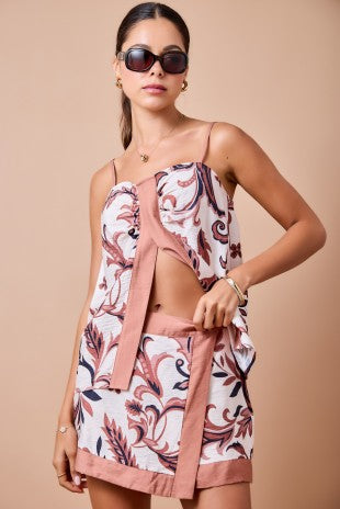 Tropical Print Sweetheart Neckline Top With Front Slit