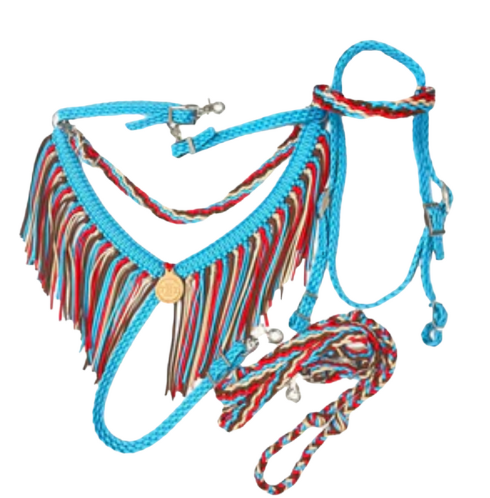 Turquoise  horse tack set,  (fringe breast collar, wither strap, reins, and bridle) - Tiffanys Braided Tack LLC