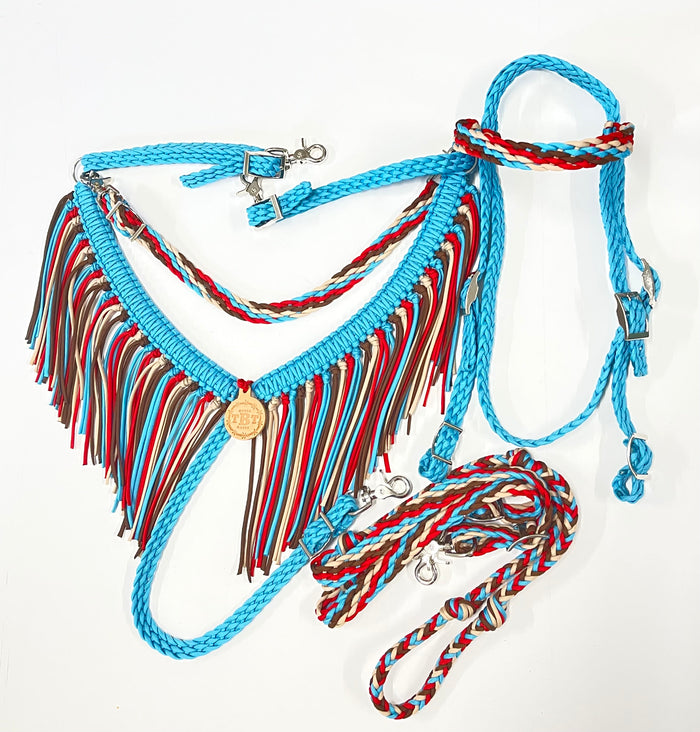 Turquoise  horse tack set,  (fringe breast collar, wither strap, reins, and bridle) - Tiffanys Braided Tack LLC
