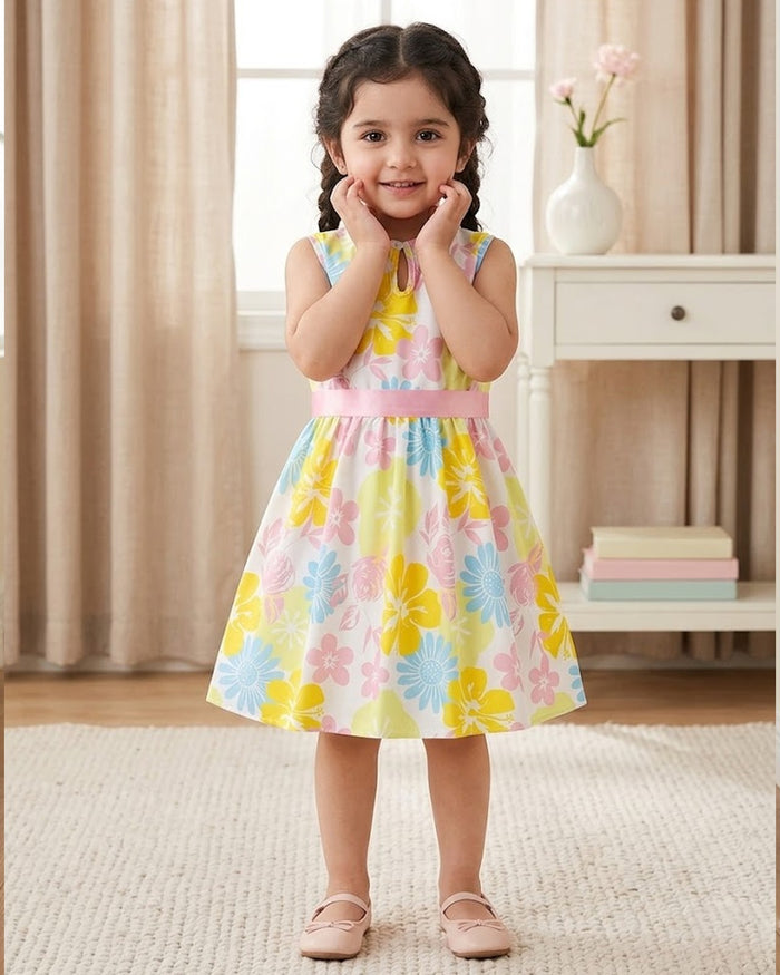 Vibrant Floral Sleeveless dress with belt for girls