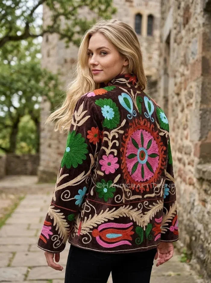 Vintage Floral Suzani Embroidered Velvet Jacket Boho Chic Brown Short Coat Handicraft Trend