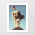 Volcanic Pop surreal art print — volcano erupting like a champagne bottle cork, bold retro pop art wall decor for wine lovers and eclectic interiors