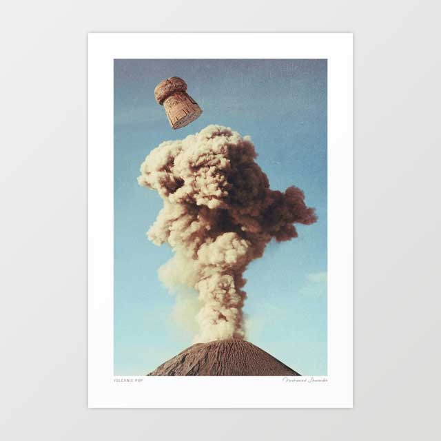 Volcanic Pop surreal art print — volcano erupting like a champagne bottle cork, bold retro pop art wall decor for wine lovers and eclectic interiors