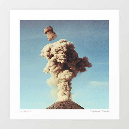 Volcanic Pop square format art print — vintage surreal collage of erupting volcano as sparkling wine bottle, quirky celebration wall art