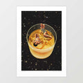 Surreal retro art print of friends relaxing on an ice cube in cosmic space — whisky bar wall art for home bars and man caves