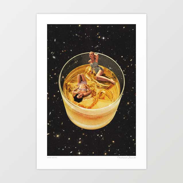 Surreal retro art print of friends relaxing on an ice cube in cosmic space — whisky bar wall art for home bars and man caves