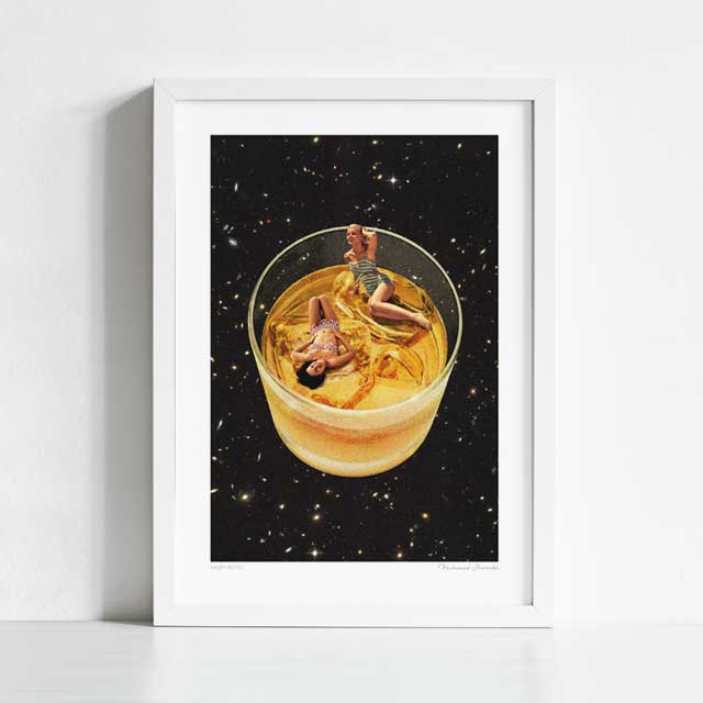 Close-up detail of Whiskey Besties art print — vintage aesthetic friends on ice in galaxy, premium whisky lover gift for home bar decor