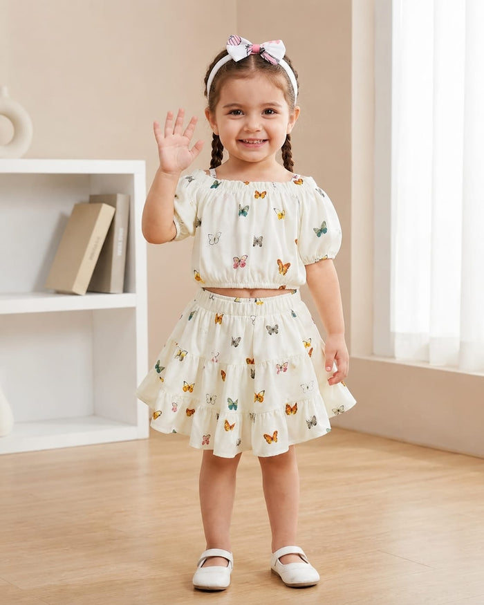 WHITE BUTTERFLY PRINT OFF SHOULDER TOP & RUFFLE HEM SKIRT