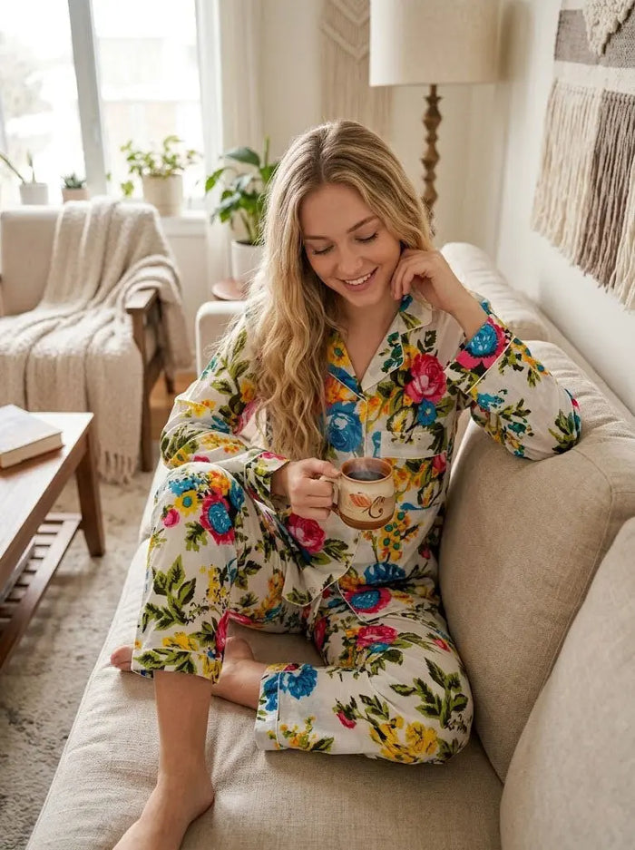 Women 100% Cotton Soft Floral Pajama Set Lightweight Summer Sleepwear Handicraft Trend