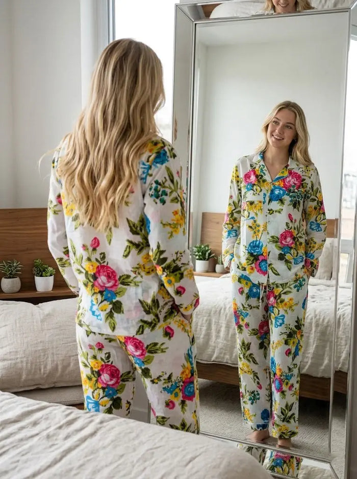 Women 100% Cotton Soft Floral Pajama Set Lightweight Summer Sleepwear Handicraft Trend