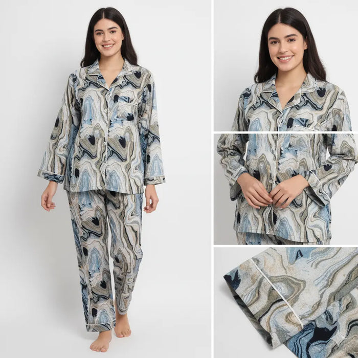 Women Abstract Summer Sleepwear Gypsy Cotton Blue Night wear Top-Pajama set Handicraft Trend