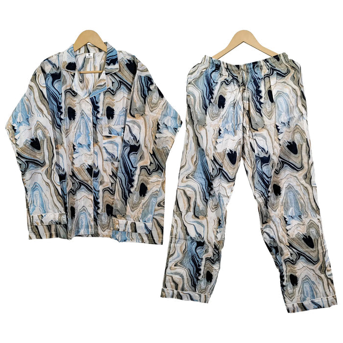 Women Abstract Summer Sleepwear Gypsy Cotton Blue Night wear Top-Pajama set Handicraft Trend