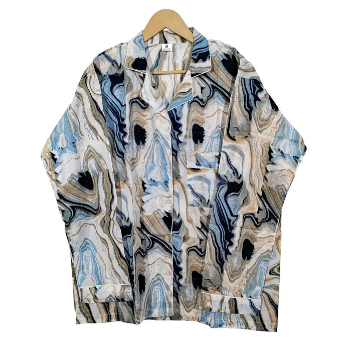 Women Abstract Summer Sleepwear Gypsy Cotton Blue Night wear Top-Pajama set Handicraft Trend