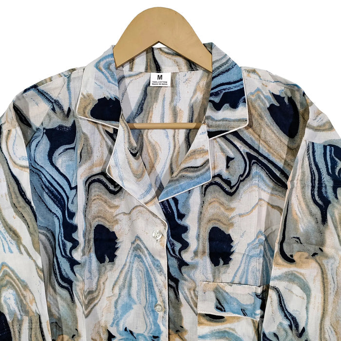 Women Abstract Summer Sleepwear Gypsy Cotton Blue Night wear Top-Pajama set Handicraft Trend