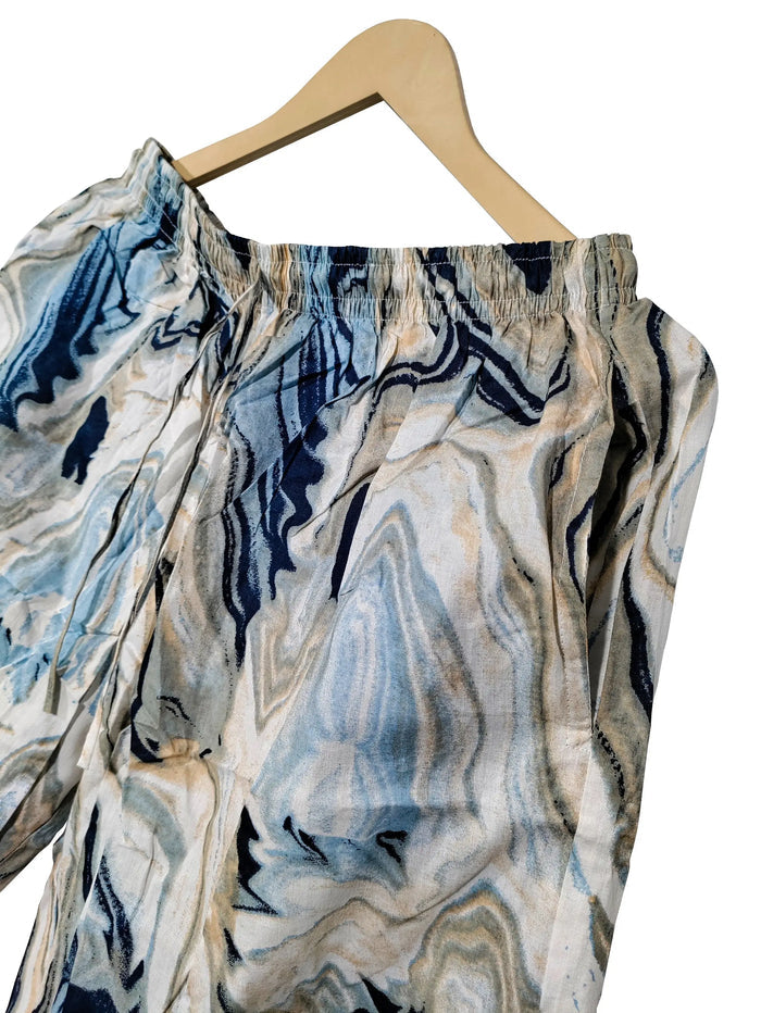 Women Abstract Summer Sleepwear Gypsy Cotton Blue Night wear Top-Pajama set Handicraft Trend