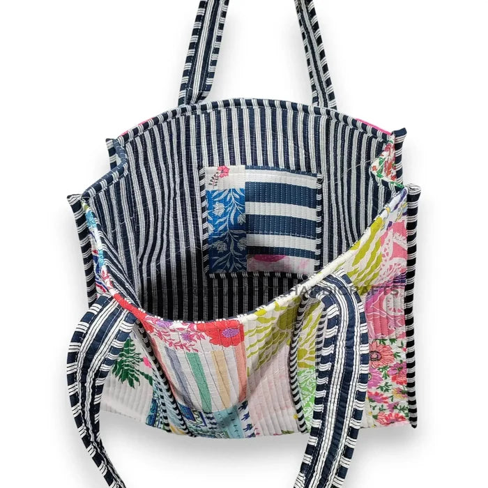 Women Cotton White Multi Beach Quilted Bag Shoulder Travel Tote Bag - Handicraft Trend