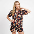 Women Crane Print Short Pajama Set Lightweight Black Cotton Feel Lounge Wear Handicraft Trend
