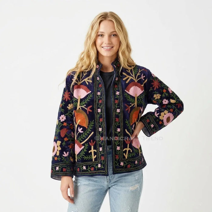 Women's Floral Suzani Embroidered Boho Jacket Blue Stylish Casual Wear Handicraft Trend
