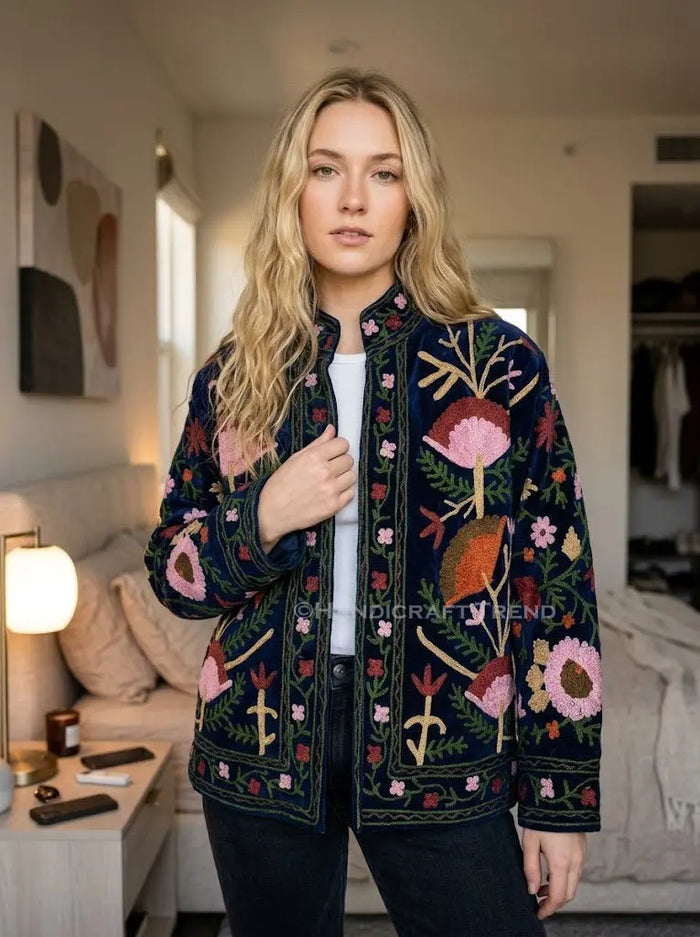 Women's Floral Suzani Embroidered Boho Jacket Blue Stylish Casual Wear Handicraft Trend