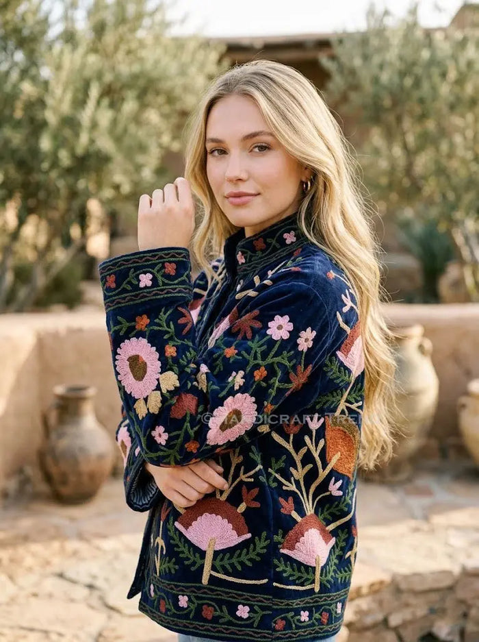 Women's Floral Suzani Embroidered Boho Jacket Blue Stylish Casual Wear Handicraft Trend