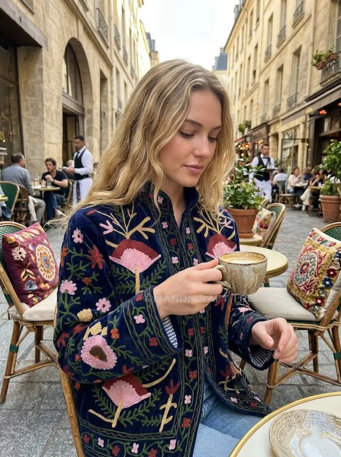 Women's Floral Suzani Embroidered Boho Jacket Blue Stylish Casual Wear Handicraft Trend