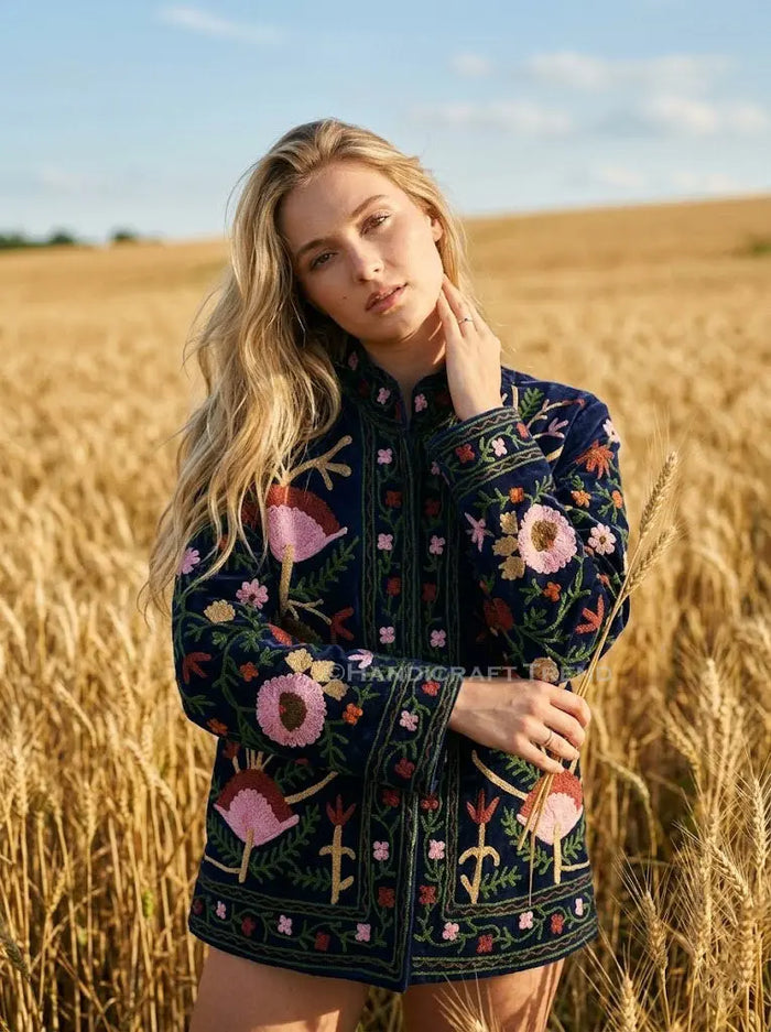 Women's Floral Suzani Embroidered Boho Jacket Blue Stylish Casual Wear Handicraft Trend