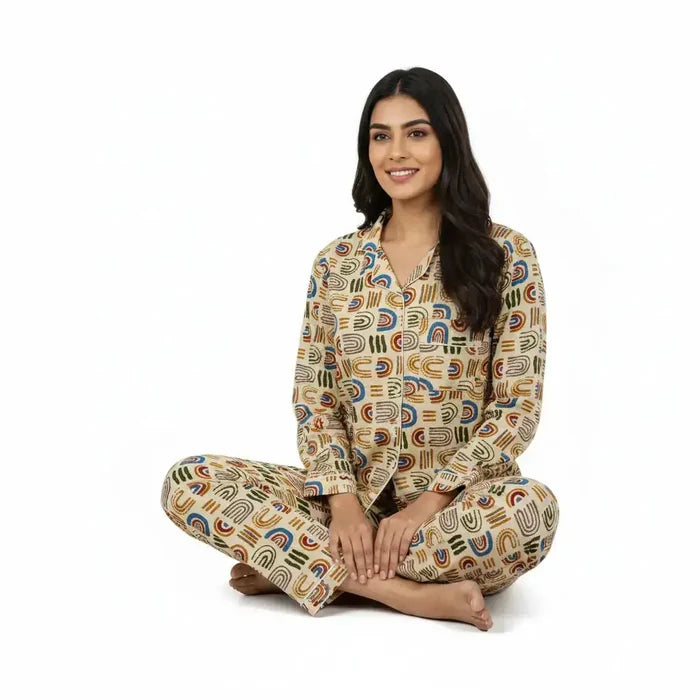 Women Gypsy Floral Geometric Print Summer Sleepwear Cotton Beige Night wear Top-Pajama set Handicraft Trend