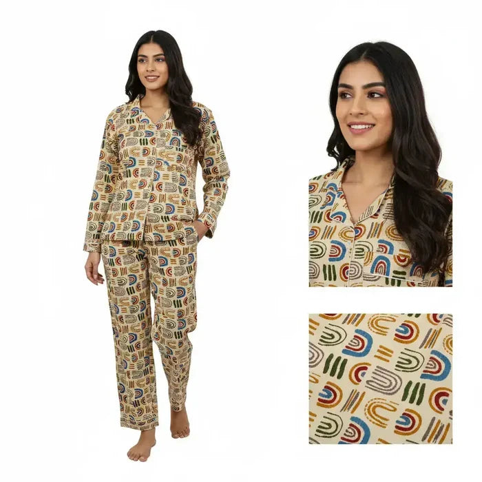 Women Gypsy Floral Geometric Print Summer Sleepwear Cotton Beige Night wear Top-Pajama set Handicraft Trend