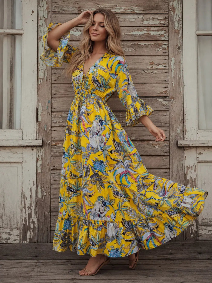 Women Cotton Monkey Print Bell Sleeve Yellow Summer Lightweight Beach wear Party Dress Handicraft Trend